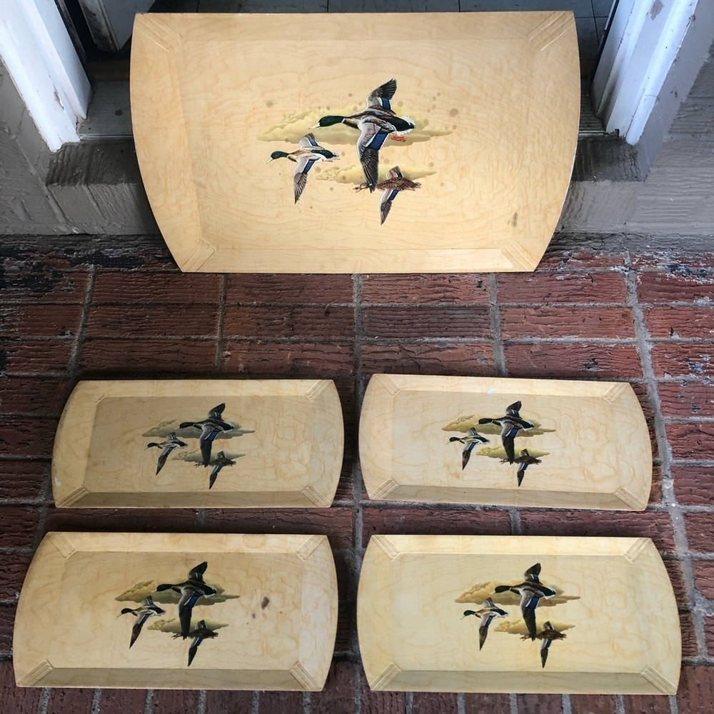 Set of 5 Vintage Flying Mallard HASKO Wood Trays Covered with Lithographed Paper